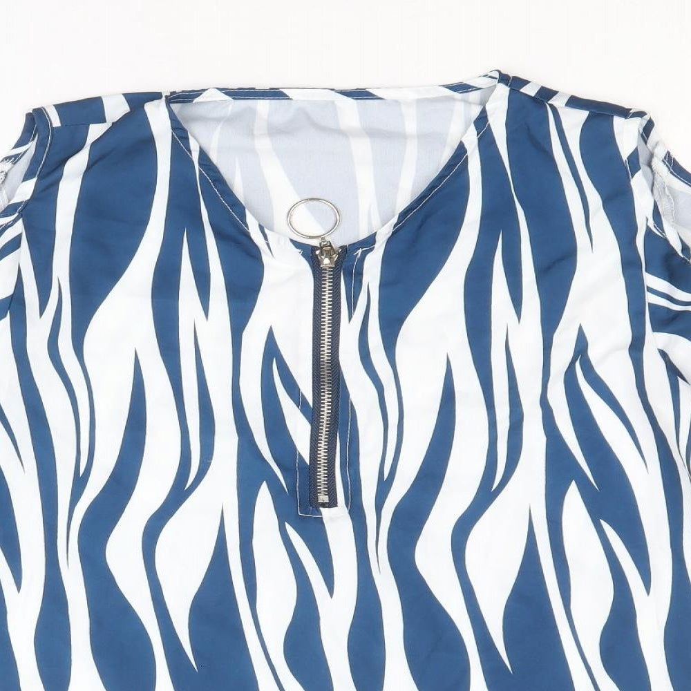 Preworn Womens Blue Geometric Polyester Basic T-Shirt Size S V-Neck - Cold Shoulder