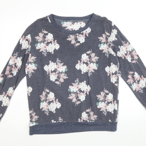 Nutmeg Womens Blue Round Neck Floral Cotton Pullover Jumper Size 12