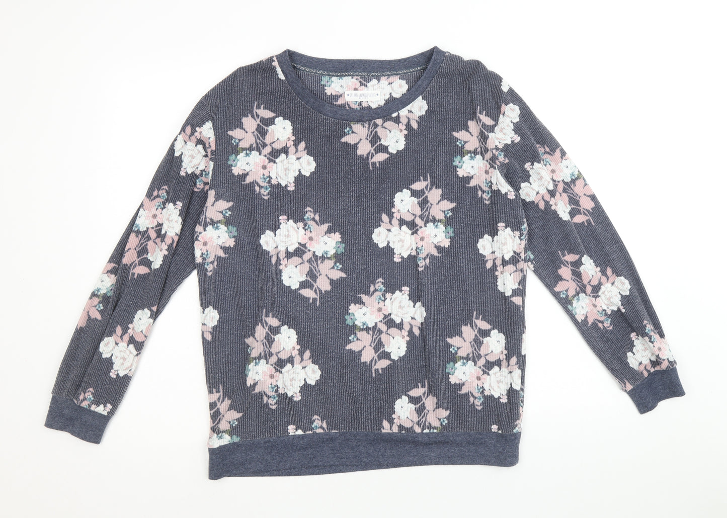 Nutmeg Womens Blue Round Neck Floral Cotton Pullover Jumper Size 12