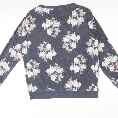 Nutmeg Womens Blue Round Neck Floral Cotton Pullover Jumper Size 12