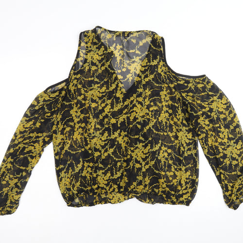 Papaya Womens Beige Floral Polyacrylate Fibre Basic Blouse Size 14 V-Neck - Cold Shoulder