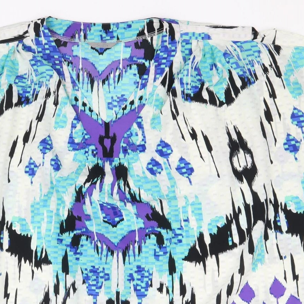 Plaza South Womens Blue Geometric Polyester A-Line Size 10 V-Neck Pullover