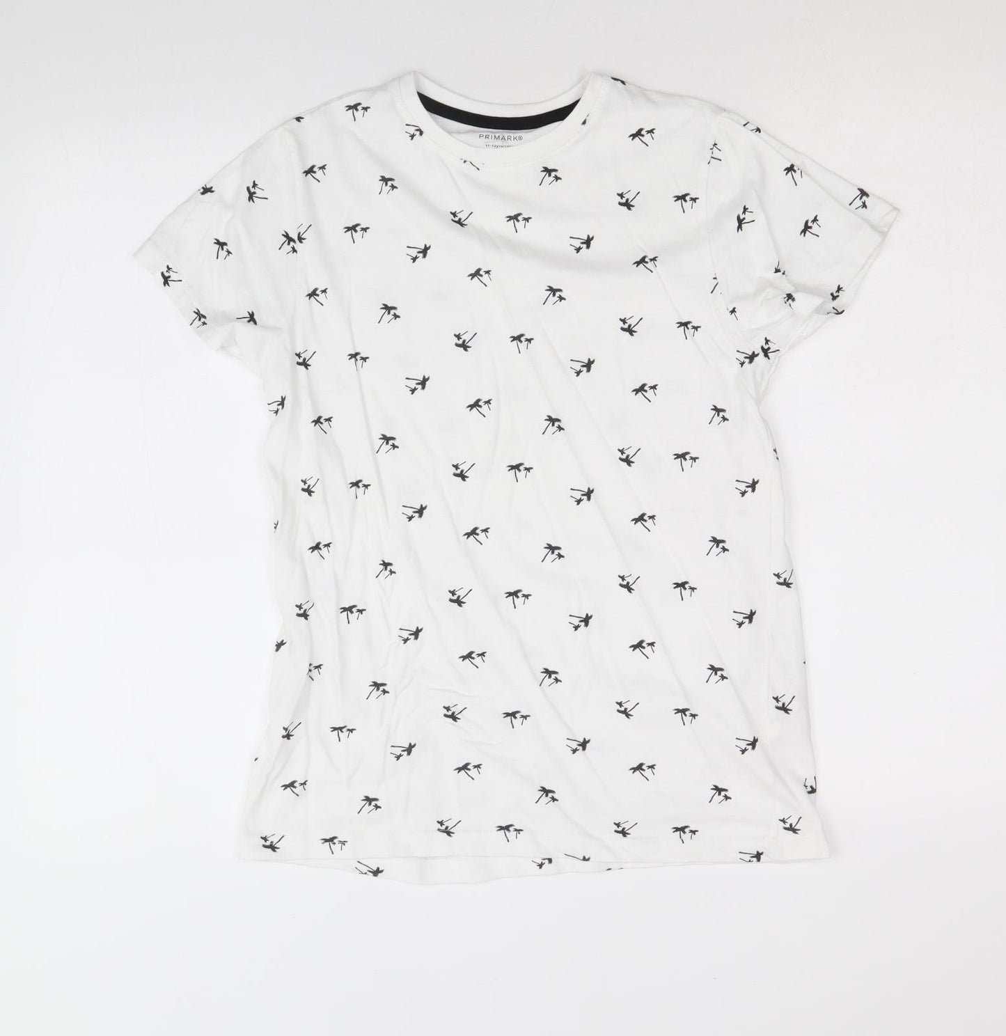 Primark Boys White Geometric 100% Cotton Basic T-Shirt Size 11-12 Years Round Neck Pullover - Palm Trees