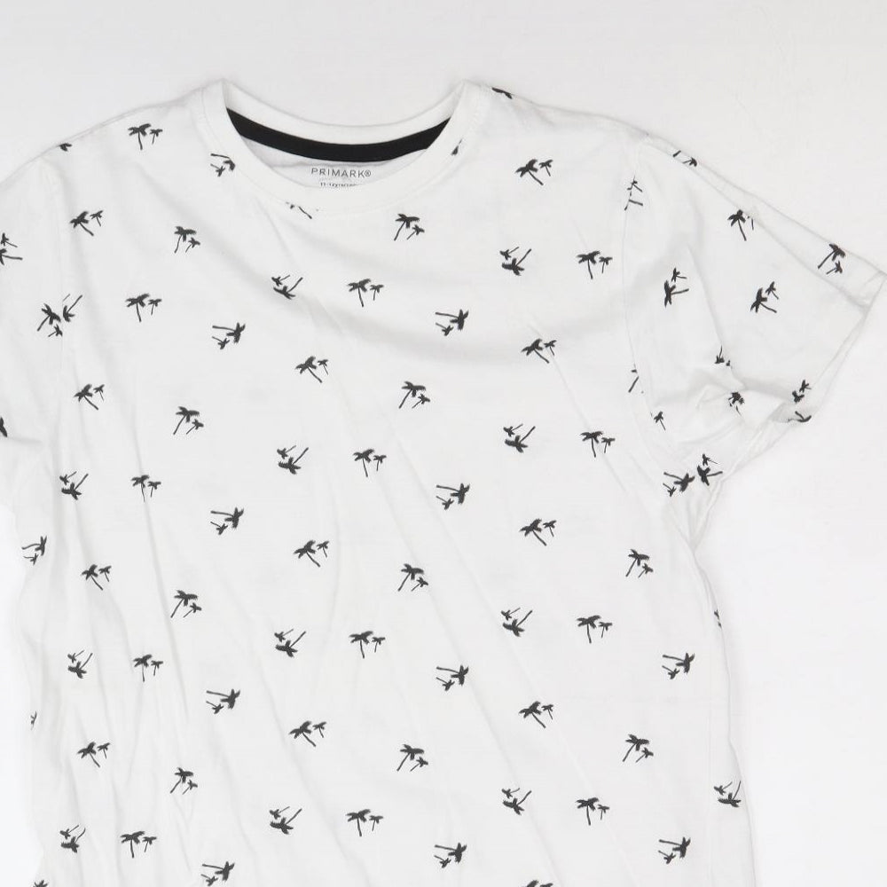 Primark Boys White Geometric 100% Cotton Basic T-Shirt Size 11-12 Years Round Neck Pullover - Palm Trees