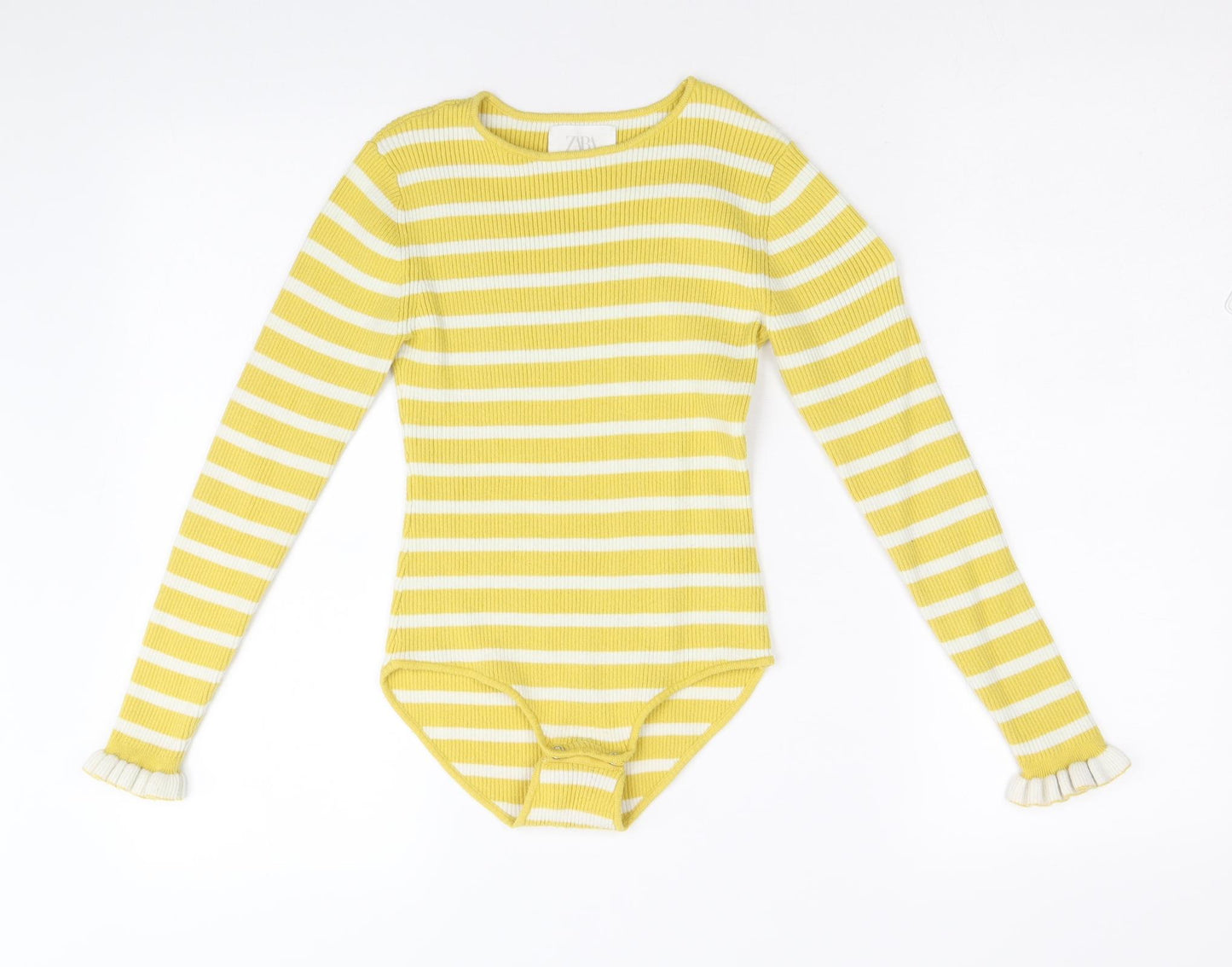 Zara Girls Yellow Striped Viscose Bodysuit One-Piece Size 11-12 Years Snap