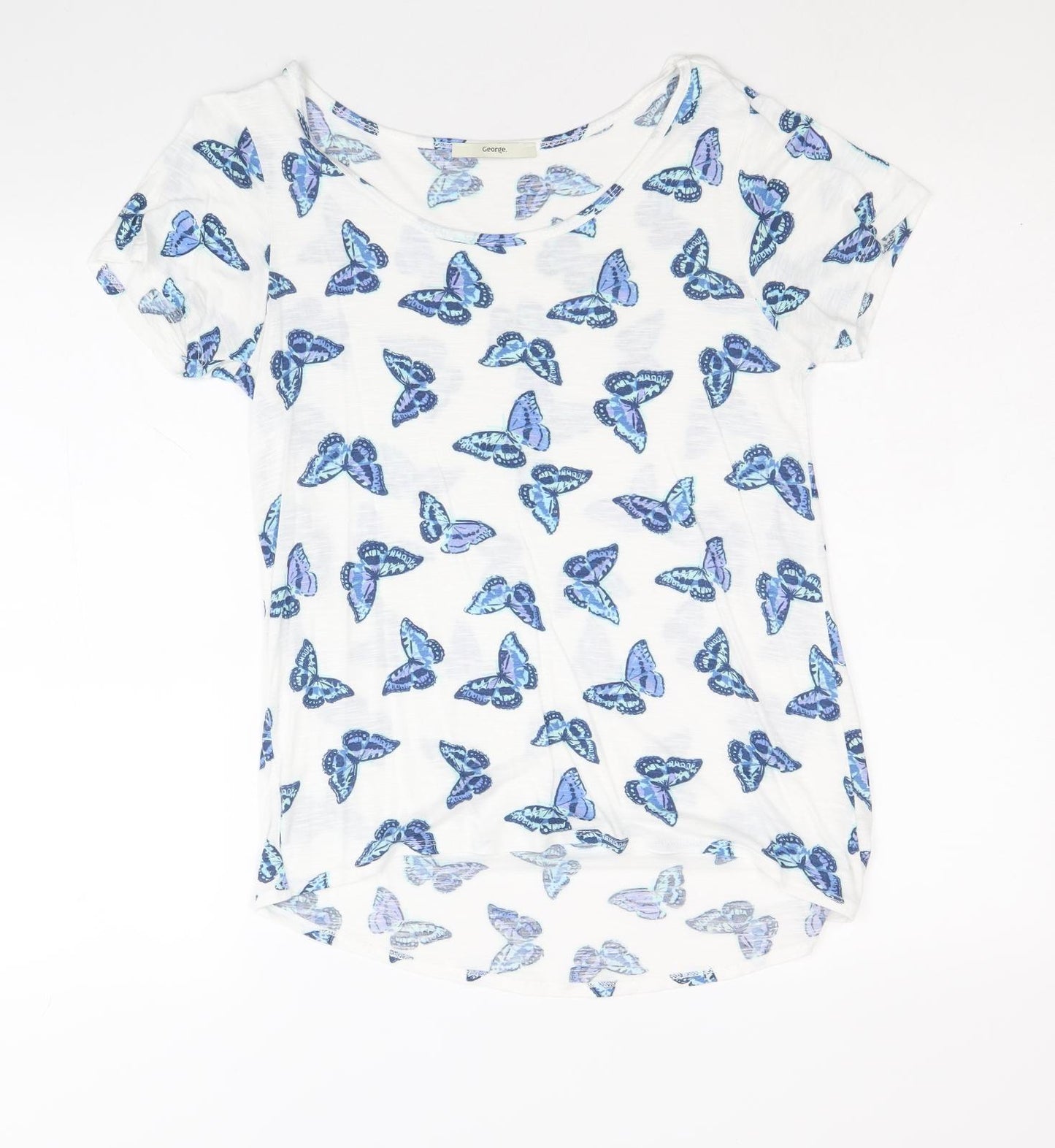 George Womens White Geometric Viscose Basic T-Shirt Size 10 Scoop Neck - Butterfly