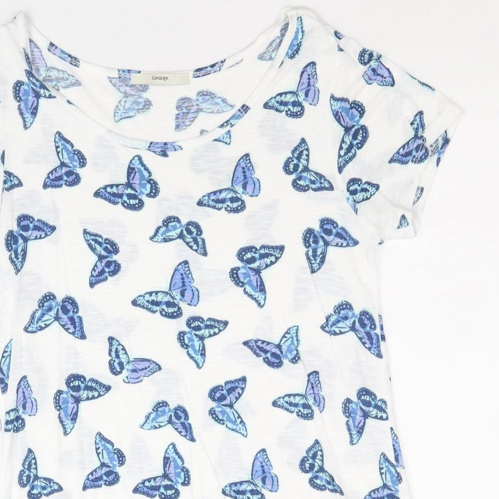 George Womens White Geometric Viscose Basic T-Shirt Size 10 Scoop Neck - Butterfly