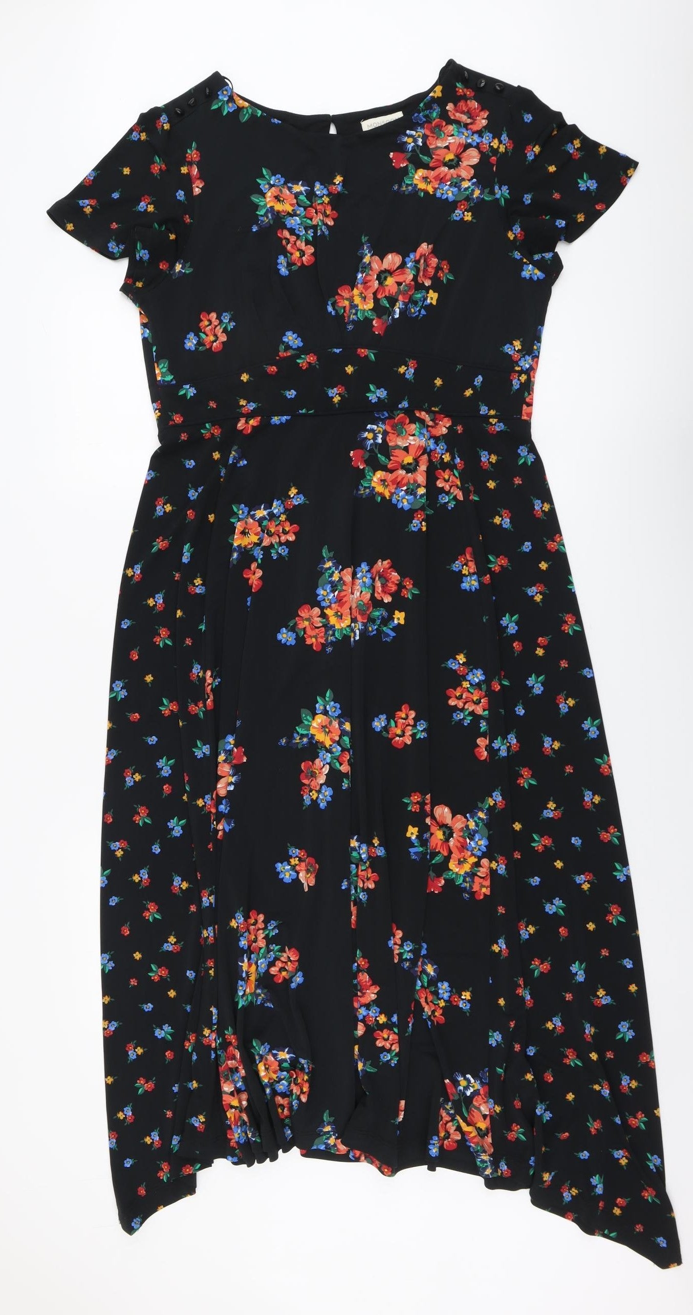 Monsoon Womens Black Floral Polyester Trapeze & Swing Size 16 Round Neck Button