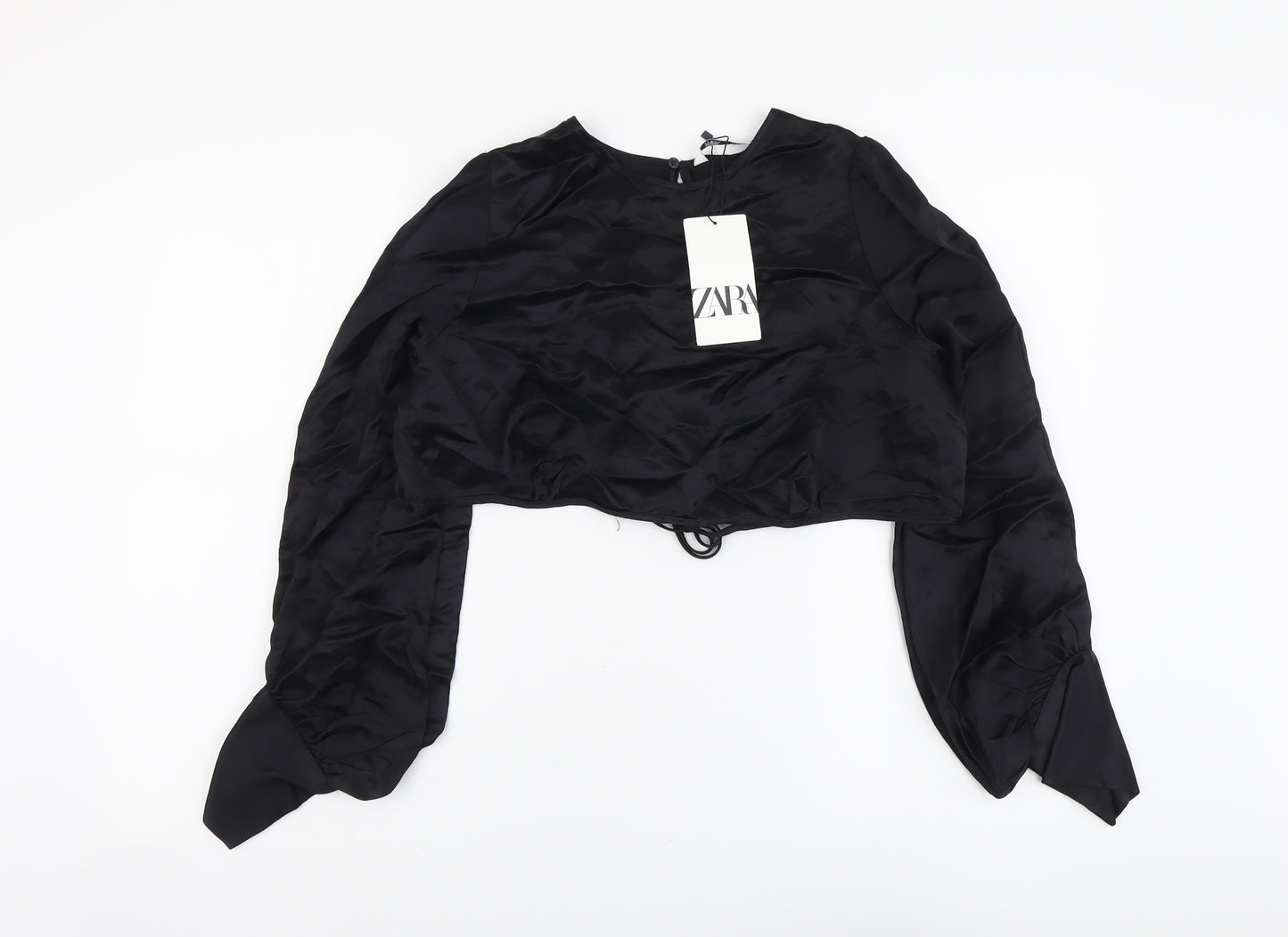 Zara Womens Black Viscose Cropped Blouse Size L Round Neck