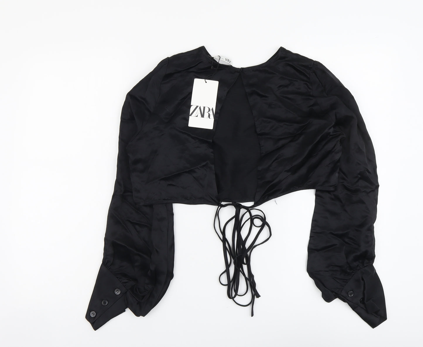 Zara Womens Black Viscose Cropped Blouse Size L Round Neck