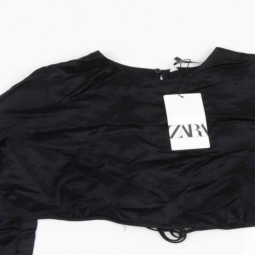 Zara Womens Black Viscose Cropped Blouse Size L Round Neck