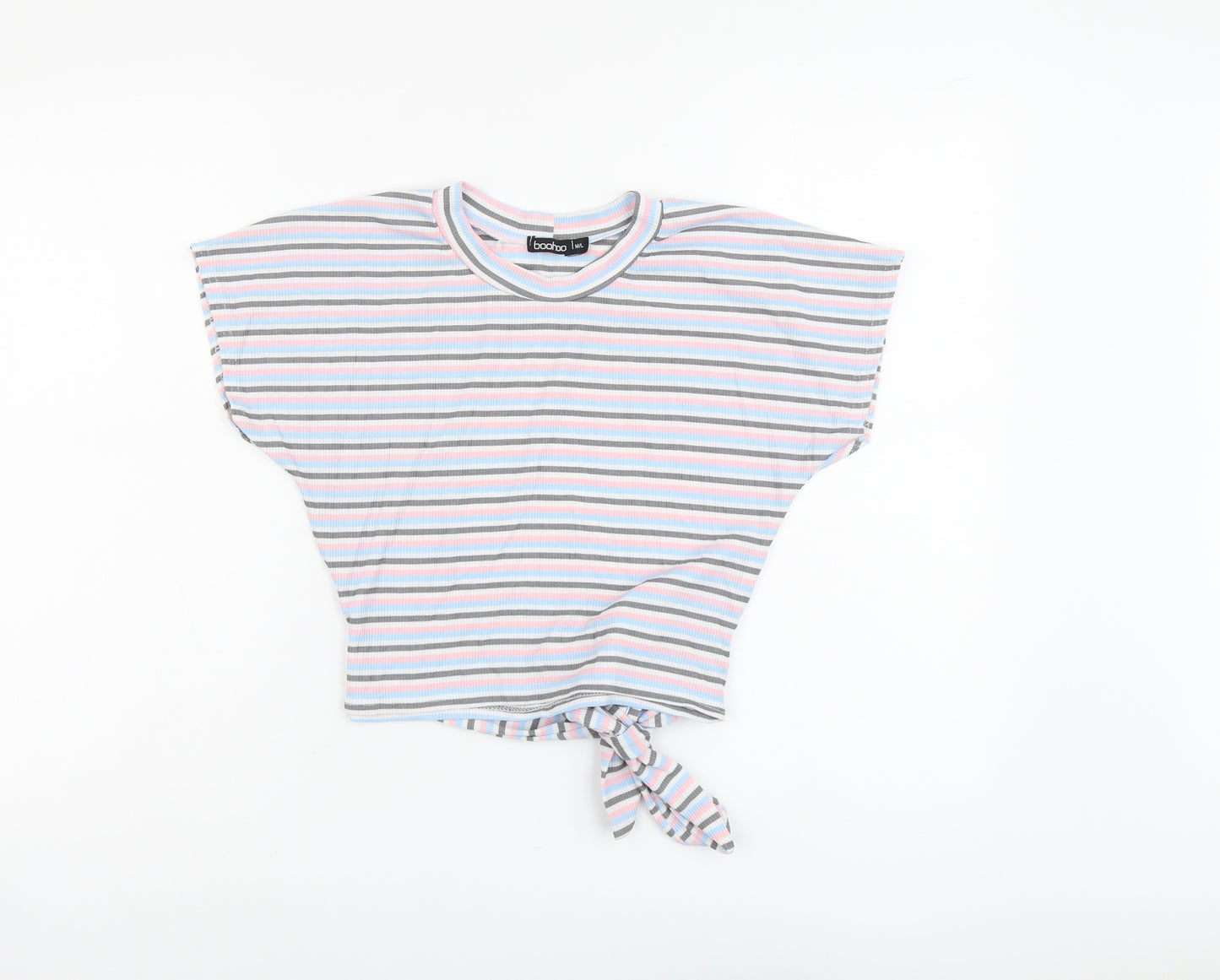 Boohoo Womens Multicoloured Striped Polyester Basic T-Shirt Size M Round Neck