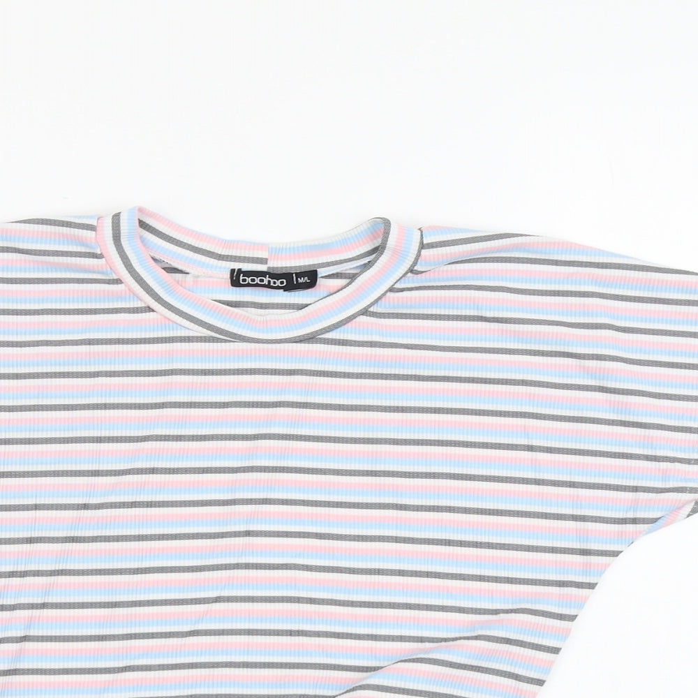 Boohoo Womens Multicoloured Striped Polyester Basic T-Shirt Size M Round Neck