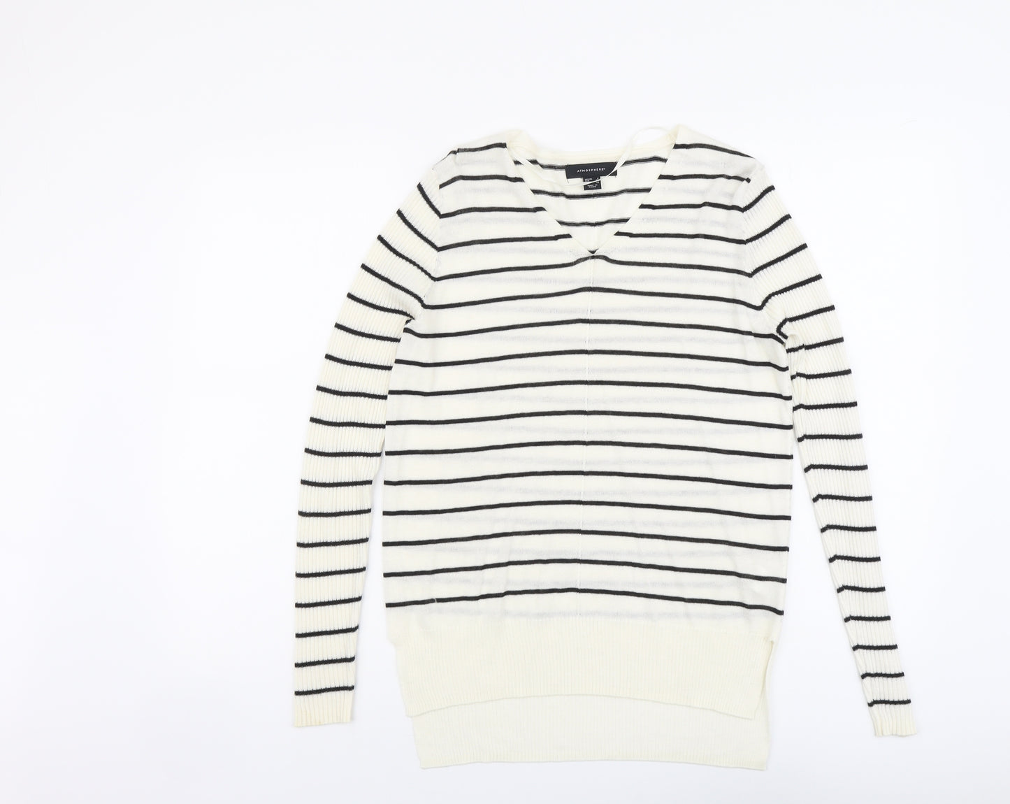 Atmosphere Womens Ivory V-Neck Striped Acrylic Pullover Jumper Size 8
