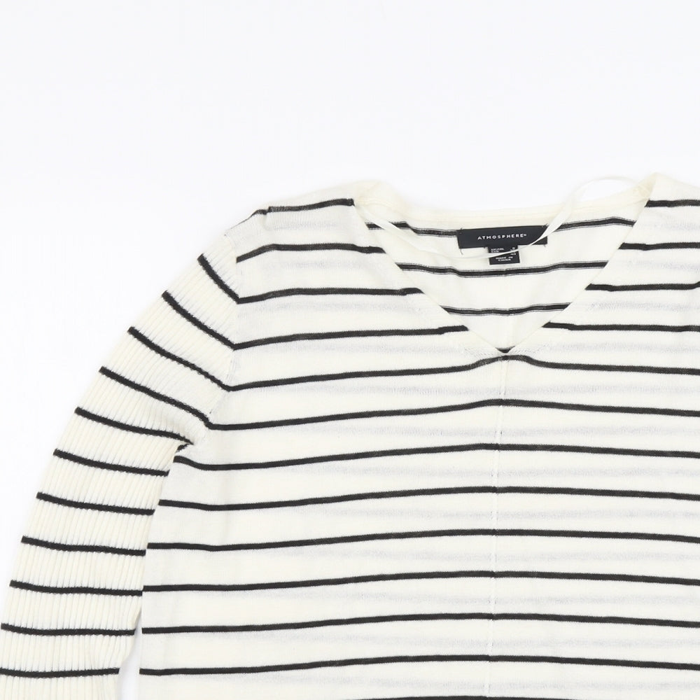 Atmosphere Womens Ivory V-Neck Striped Acrylic Pullover Jumper Size 8