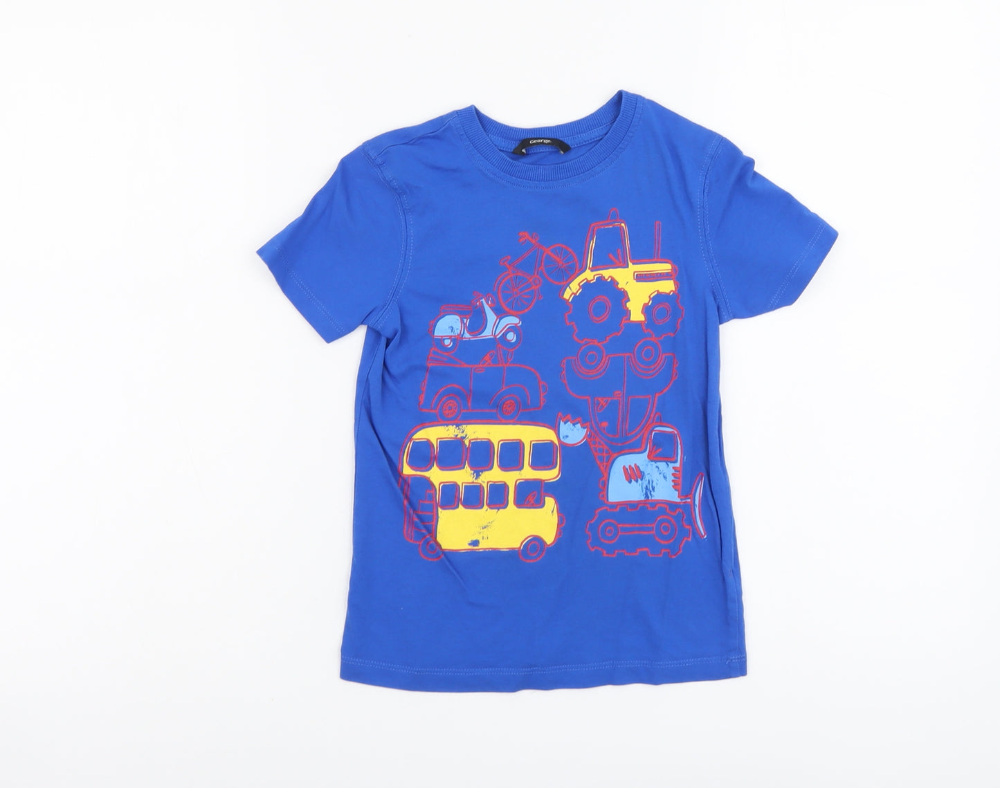 George Boys Blue Cotton Basic T-Shirt Size 4-5 Years Round Neck Pullover - Car Tractor