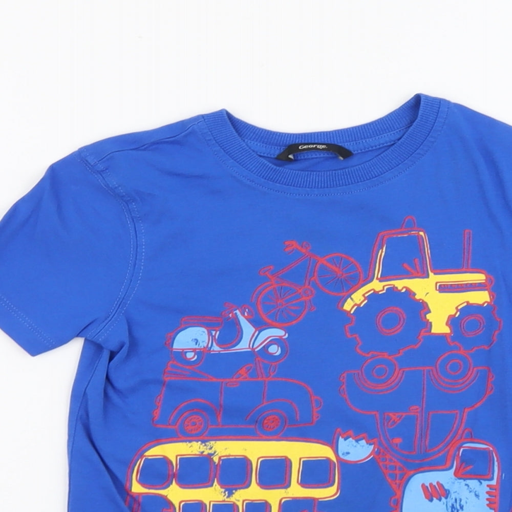 George Boys Blue Cotton Basic T-Shirt Size 4-5 Years Round Neck Pullover - Car Tractor