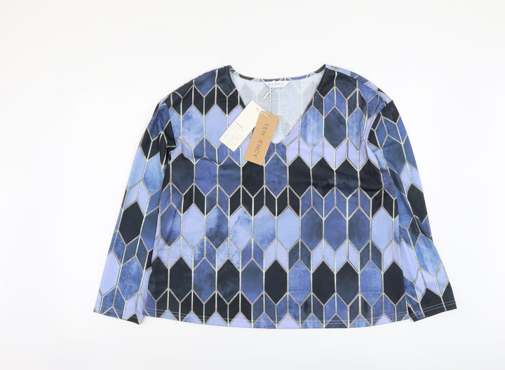 Tendency Womens Blue Geometric Polyester Basic T-Shirt Size M V-Neck