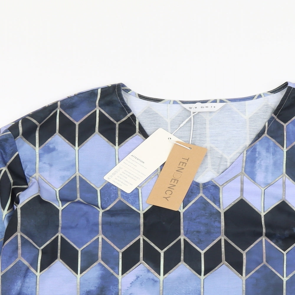 Tendency Womens Blue Geometric Polyester Basic T-Shirt Size M V-Neck