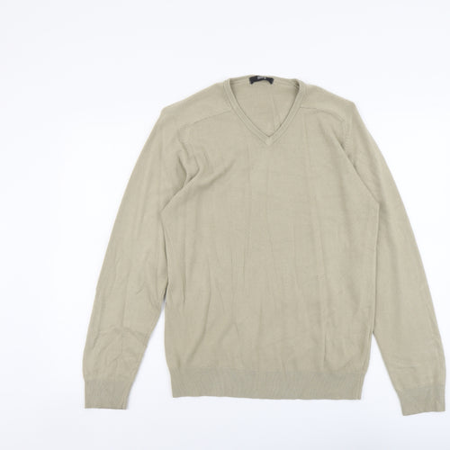 Marks and Spencer Mens Beige V-Neck Acrylic Pullover Jumper Size S Long Sleeve