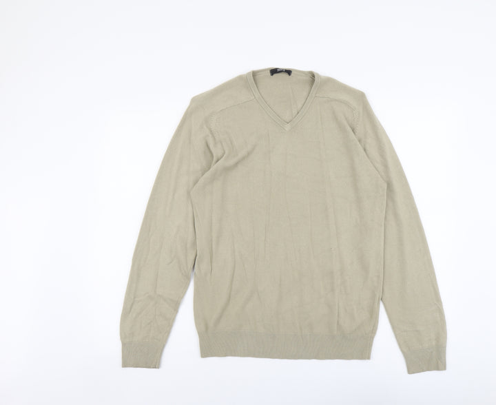 Marks and Spencer Mens Beige V-Neck Acrylic Pullover Jumper Size S Long Sleeve