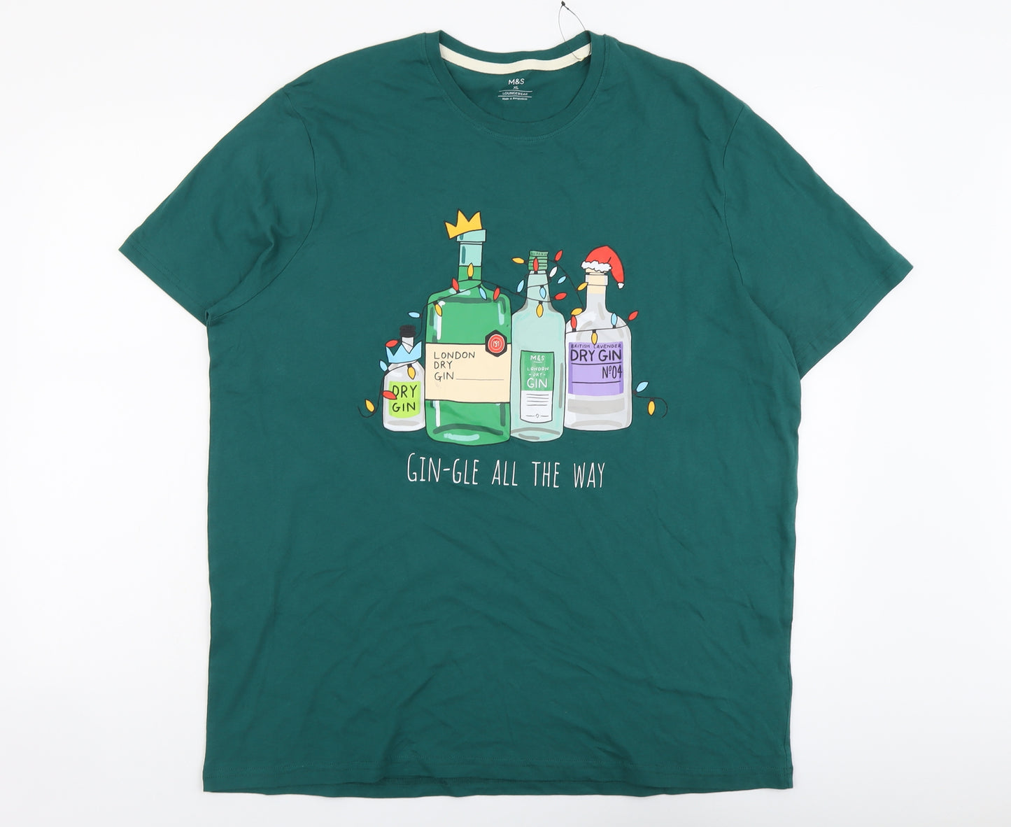 Marks and Spencer Mens Green Cotton T-Shirt Size XL Round Neck - Gin-Gle All The Way