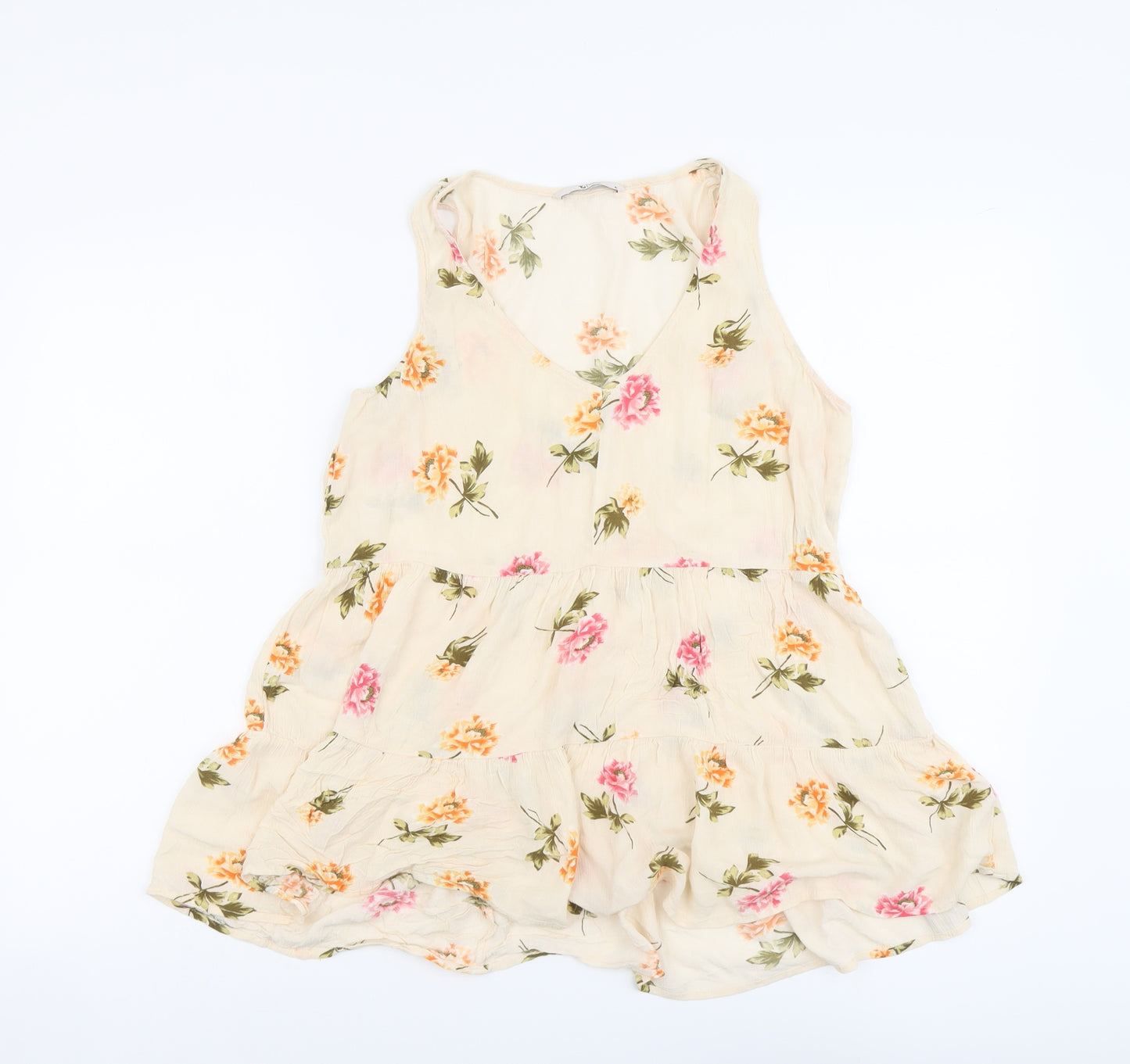 TU Womens Beige Floral Viscose Basic Tank Size 10 Scoop Neck