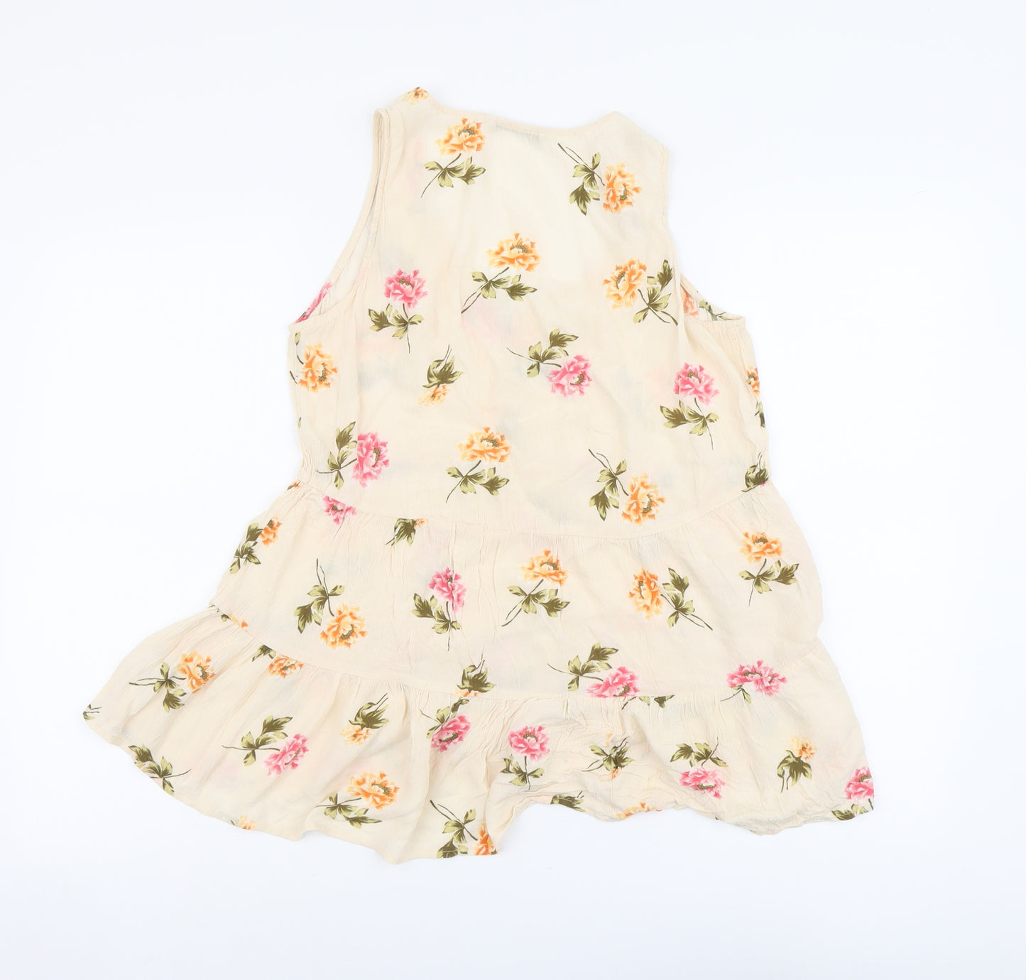 TU Womens Beige Floral Viscose Basic Tank Size 10 Scoop Neck