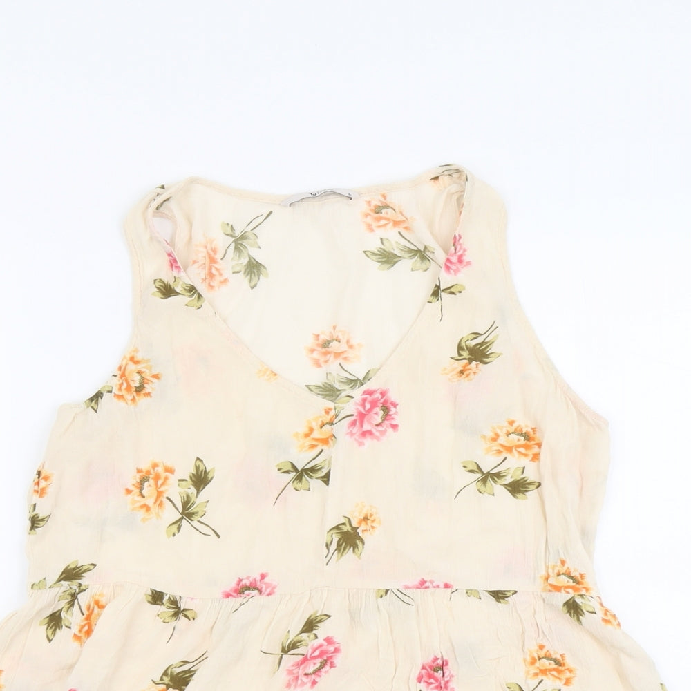 TU Womens Beige Floral Viscose Basic Tank Size 10 Scoop Neck