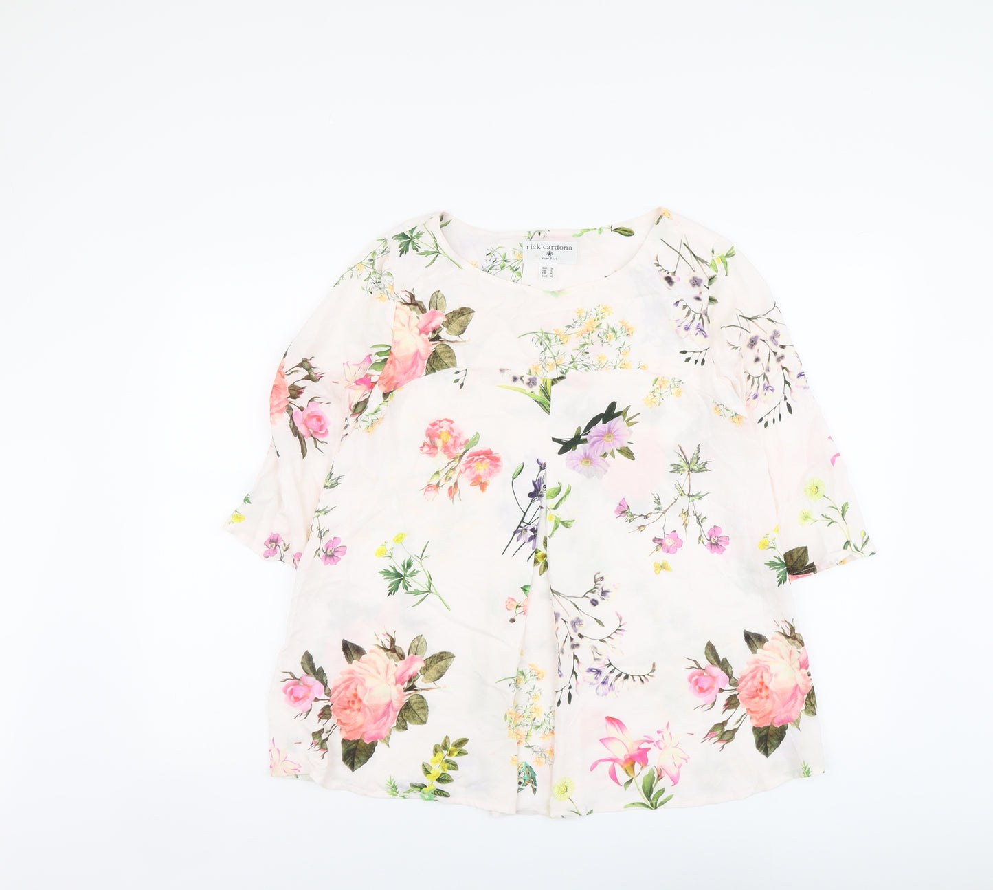 Rick Cardona Womens Pink Floral Viscose Basic Blouse Size 12 Round Neck