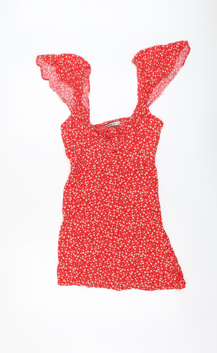 Stradivarius Womens Red Floral Viscose A-Line Size S Round Neck Pullover