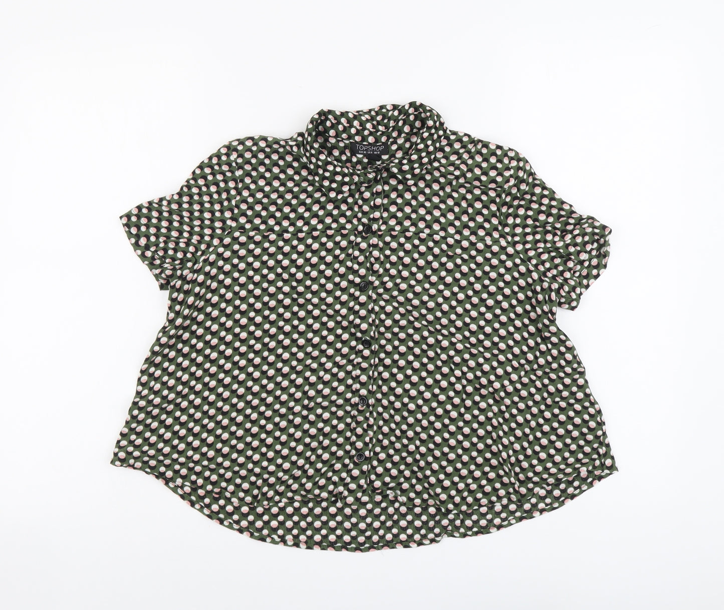 Topshop Womens Green Polka Dot Viscose Basic Button-Up Size 12 Collared