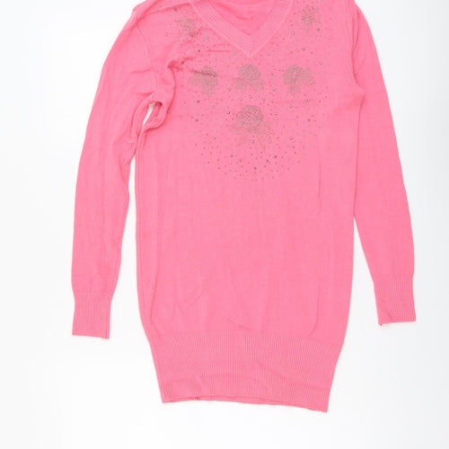 Koopol Womens Pink V-Neck Acrylic Pullover Jumper Size L