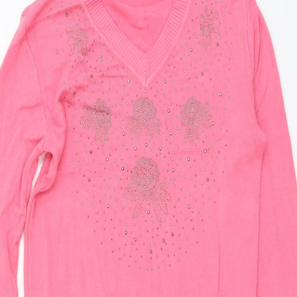 Koopol Womens Pink V-Neck Acrylic Pullover Jumper Size L