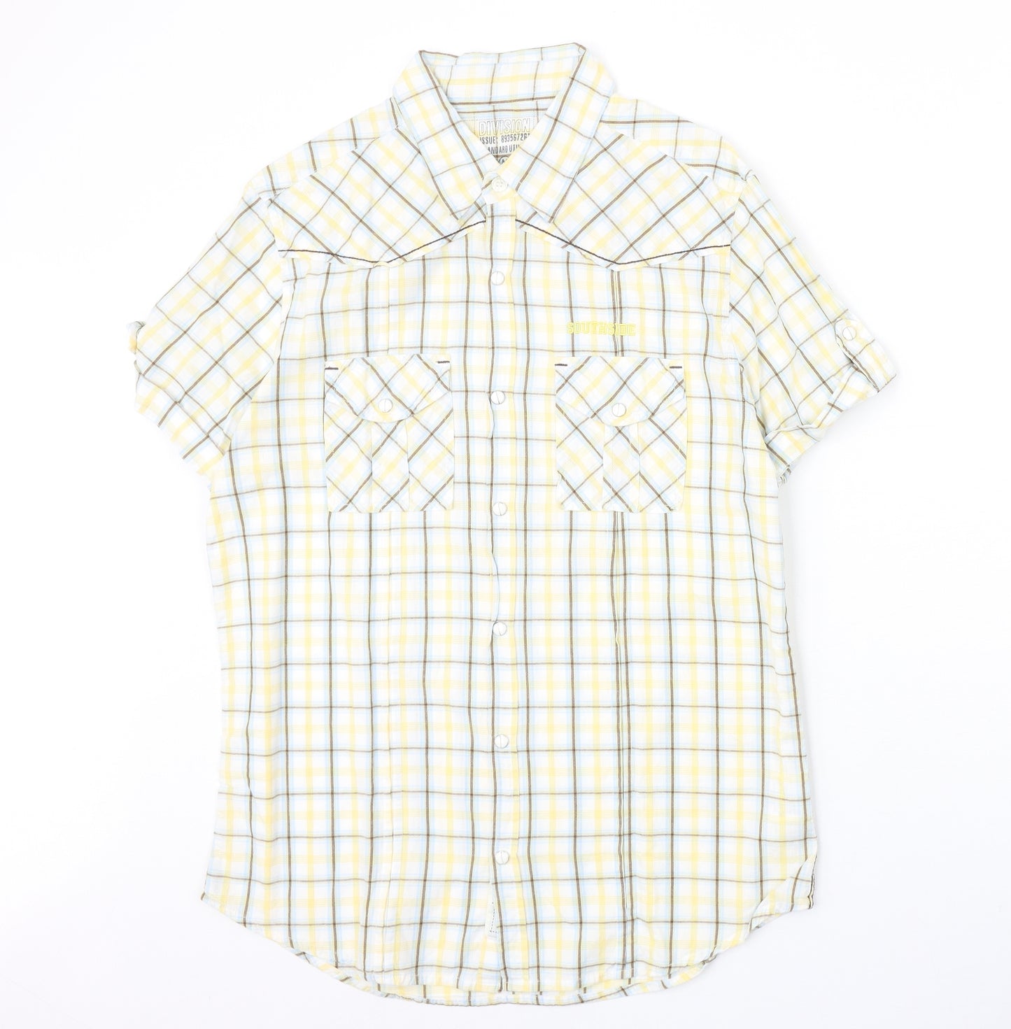 Southside Mens Yellow Plaid Cotton Button-Up Size M Collared Button