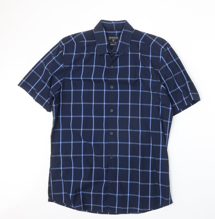 RESERVED Mens Blue Plaid Cotton Button-Up Size S Collared Button