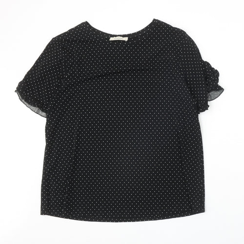Oasis Womens Black Polka Dot Polyester Basic T-Shirt Size M Boat Neck