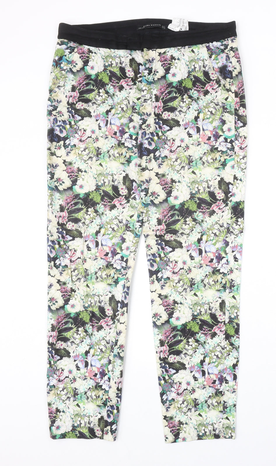 Zara Womens Multicoloured Floral Cotton Trousers Size M Regular Zip