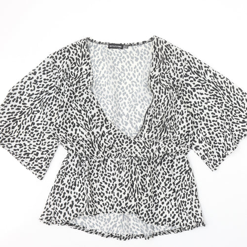 PRETTYLITTLETHING Womens White Animal Print Polyester Basic Blouse Size 14 V-Neck - Leopard Print Angel Sleeve