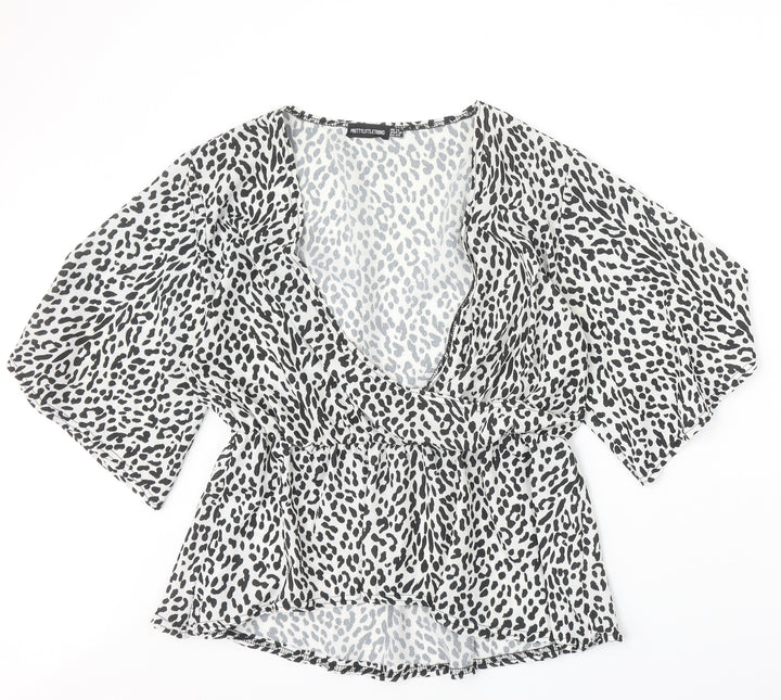 PRETTYLITTLETHING Womens White Animal Print Polyester Basic Blouse Size 14 V-Neck - Leopard Print Angel Sleeve