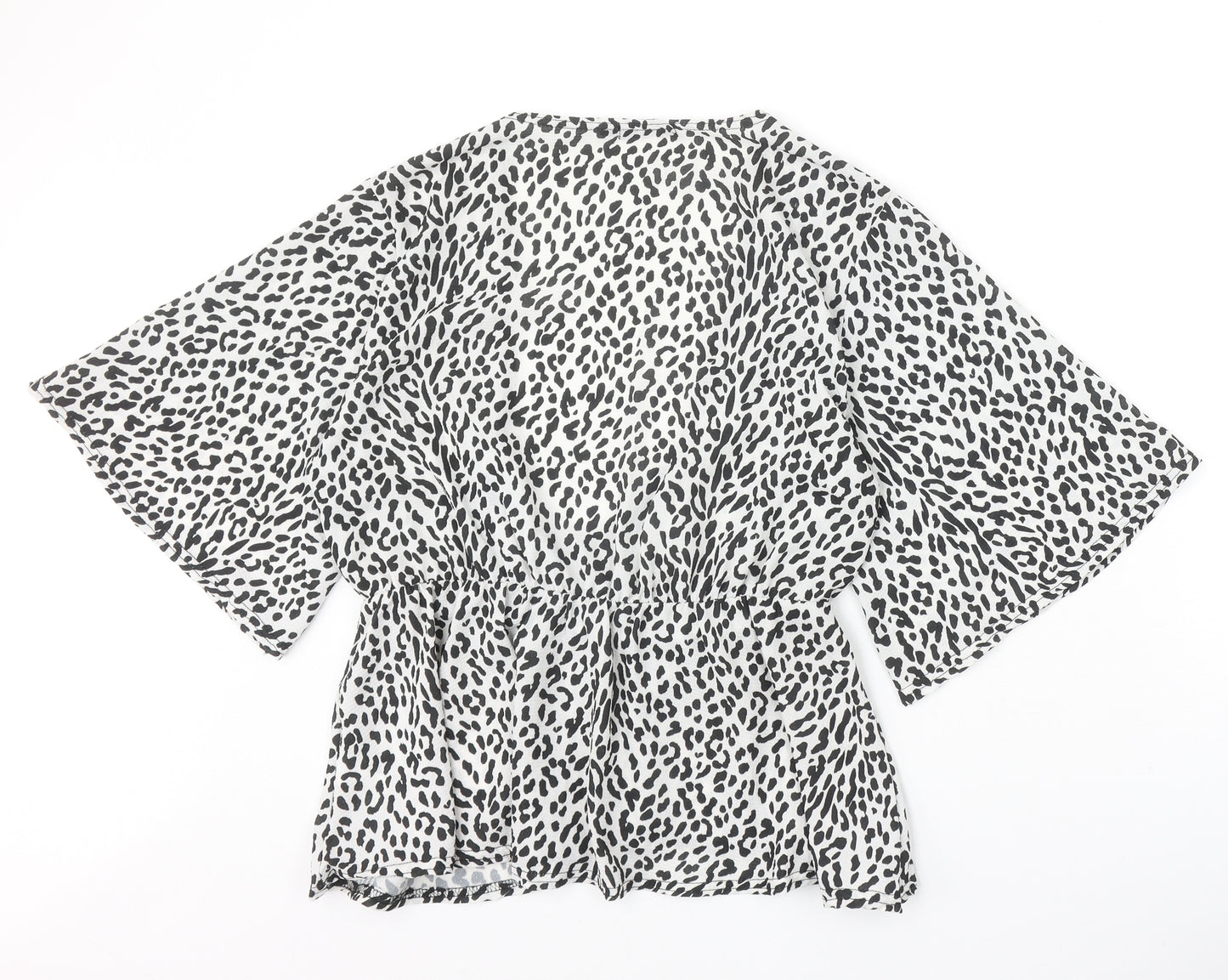 PRETTYLITTLETHING Womens White Animal Print Polyester Basic Blouse Size 14 V-Neck - Leopard Print Angel Sleeve