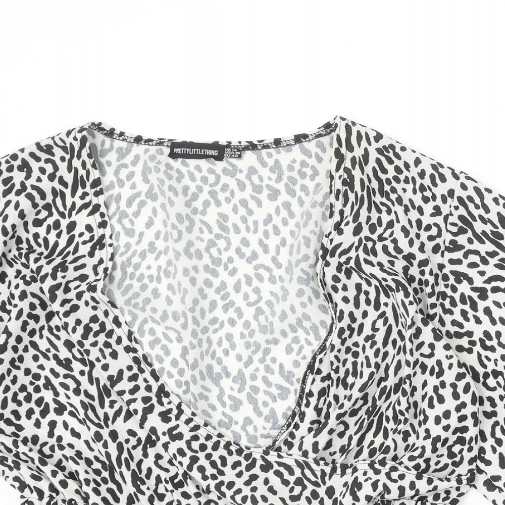 PRETTYLITTLETHING Womens White Animal Print Polyester Basic Blouse Size 14 V-Neck - Leopard Print Angel Sleeve