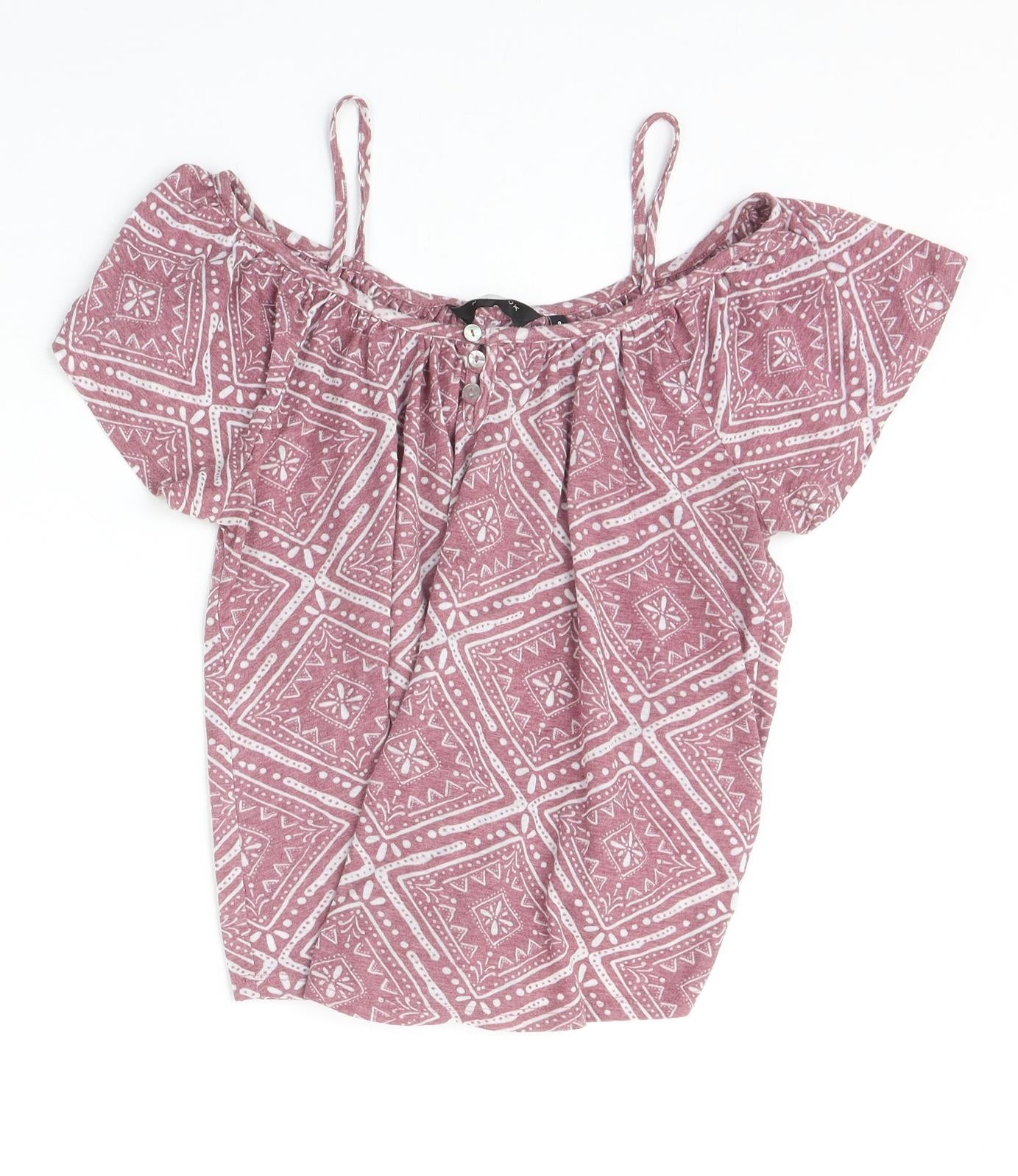 New Look Womens Pink Geometric Polyester Basic Blouse Size 8 Scoop Neck - Cold Shoulder