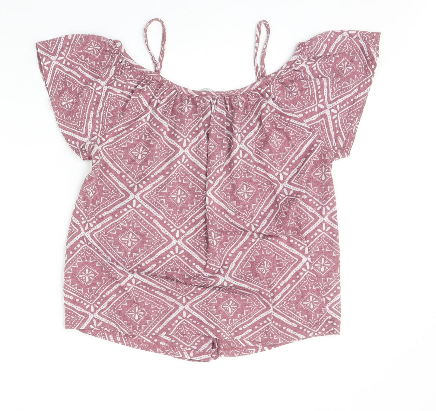 New Look Womens Pink Geometric Polyester Basic Blouse Size 8 Scoop Neck - Cold Shoulder