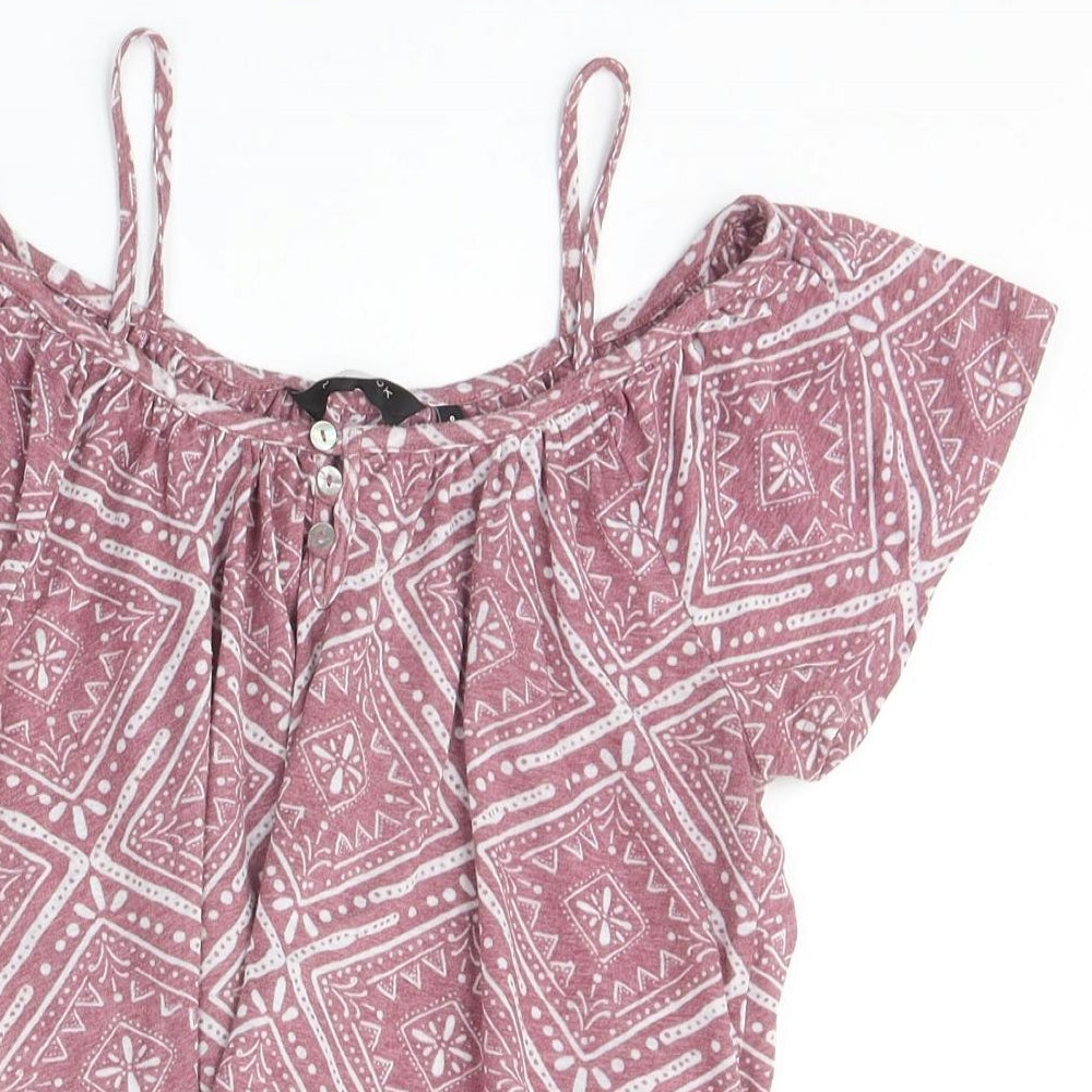 New Look Womens Pink Geometric Polyester Basic Blouse Size 8 Scoop Neck - Cold Shoulder