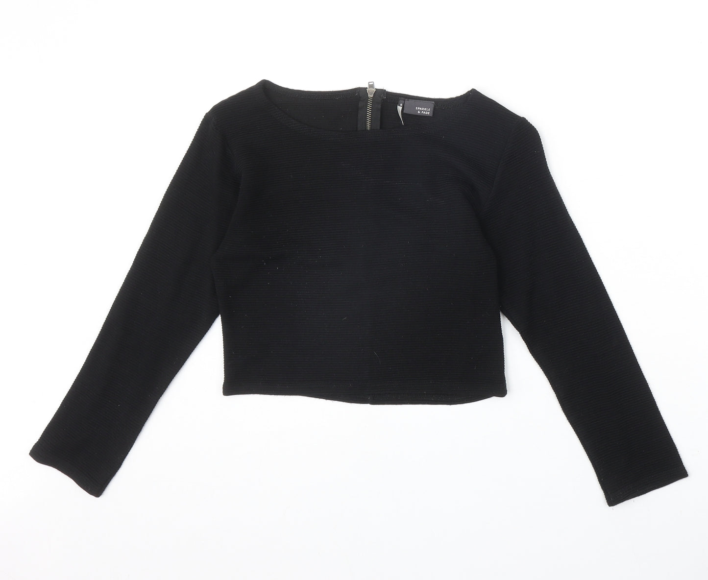 Sparkle & Fade Womens Black Acrylic Cropped T-Shirt Size S Boat Neck