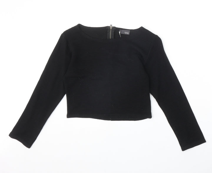 Sparkle & Fade Womens Black Acrylic Cropped T-Shirt Size S Boat Neck