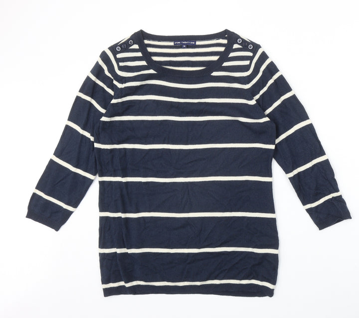 Store Twenty One Womens Blue Scoop Neck Striped Acrylic Pullover Jumper Size 14