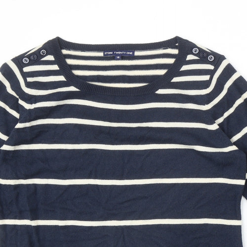 Store Twenty One Womens Blue Scoop Neck Striped Acrylic Pullover Jumper Size 14
