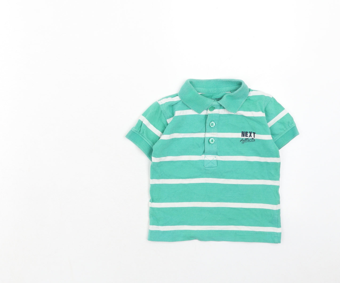 NEXT Boys Green Striped Cotton Basic Polo Size 9-12 Months Collared Button